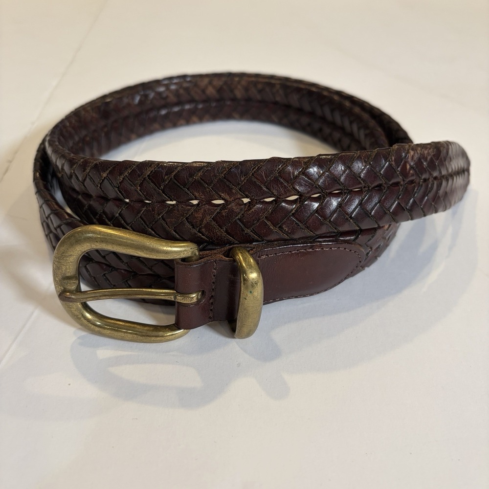 Coach Braided Leather Belt with Brass Buckle - Dark Brown